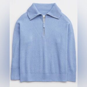 Aerie CozyUp Waffle Quarter Zip Sweater in Fresh Water Blue Size Small